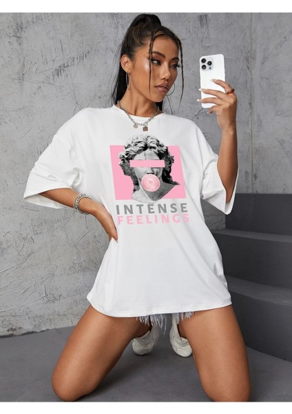 Intense Feelings Baskılı Unisex Oversize T-Shirt - Kadın Oversize Tişört fırsatları