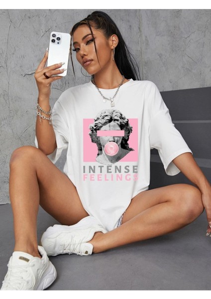 Intense Feelings Baskılı Unisex Oversize T-Shirt - Kadın Oversize Tişört indirimleri
