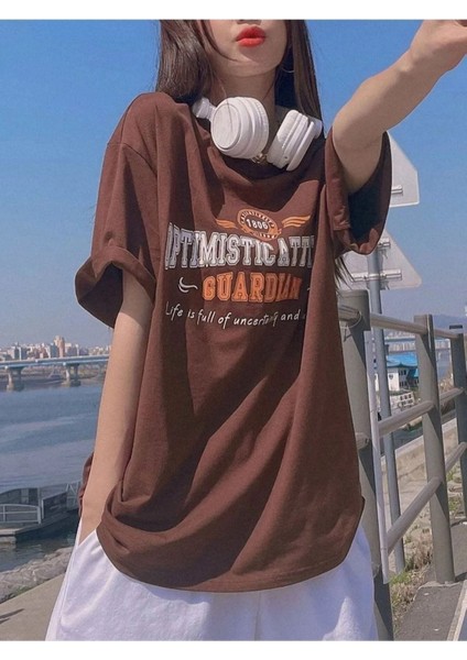 Büyük Beden Kadın Guardian Baskılı Oversize Bisiklet Yaka T-Shirt