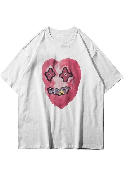 Büyük Beden Hayalet Yüz(Kalp) Baskılı Pamuk Oversize Bisiklet Yaka T-Shirt
