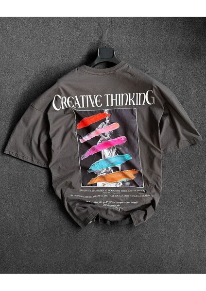 Büyük Beden Creative Thinking Ön Arka Baskılı Oversize Bisiklet Yaka T-Shirt