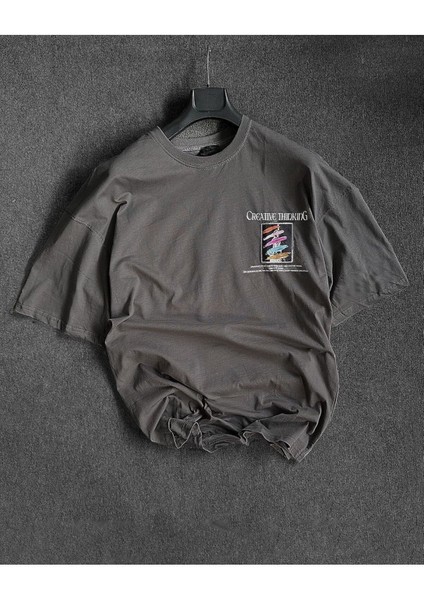 Büyük Beden Creative Thinking Ön Arka Baskılı Oversize Bisiklet Yaka T-Shirt fiyatları