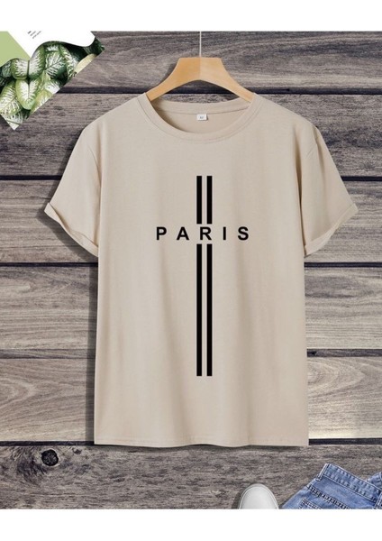Kids Çizgi Paris Baskılı Oversize Pamuklu Bej Çocuk T-Shirt