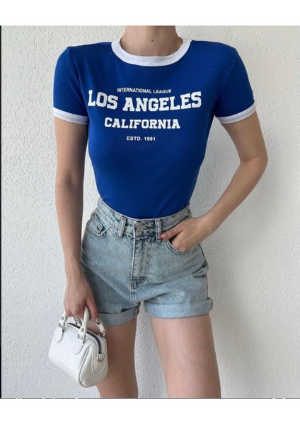 Kadın Los Angels California Baskılı Oversize Bisiklet Yaka T-Shirt