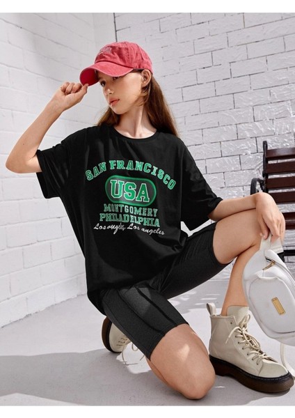 Kids Siyah San Francisco Usa Baskılı Oversize Bisiklet Yaka Çocuk T-Shirt