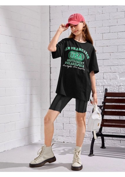Kids Siyah San Francisco Usa Baskılı Oversize Bisiklet Yaka Çocuk T-Shirt modelleri