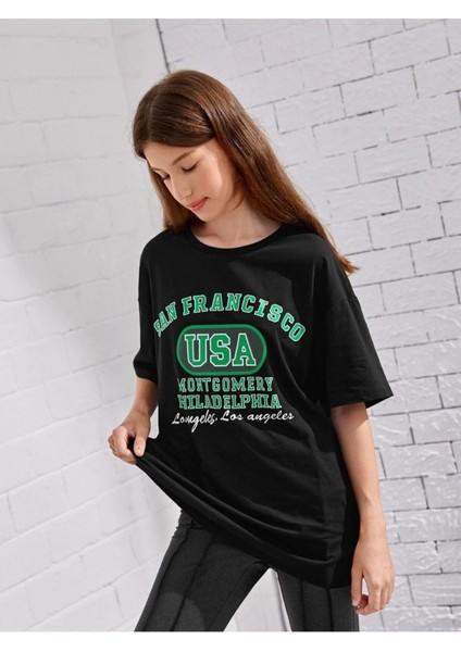 Kids Siyah San Francisco Usa Baskılı Oversize Bisiklet Yaka Çocuk T-Shirt fırsatları