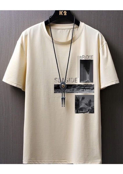 Kids Bridge Seaside Baskılı Oversize Pamuklu Bej Çocuk T-Shirt