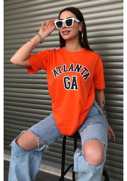 Kadın Turuncu Atlanta Baskılı Oversize Tshirt