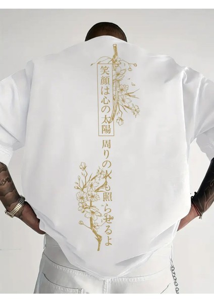 Unisex Japonca Yazı Baskılı Oversize T-Shirt