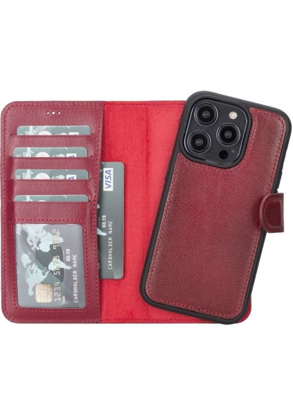 Mulvxurg URG02 Apple Iphone 14 Pro Uyumlu Deri Cüzdanlı Kılıf Mwwn V4EF Kırmızı (Mulvix)