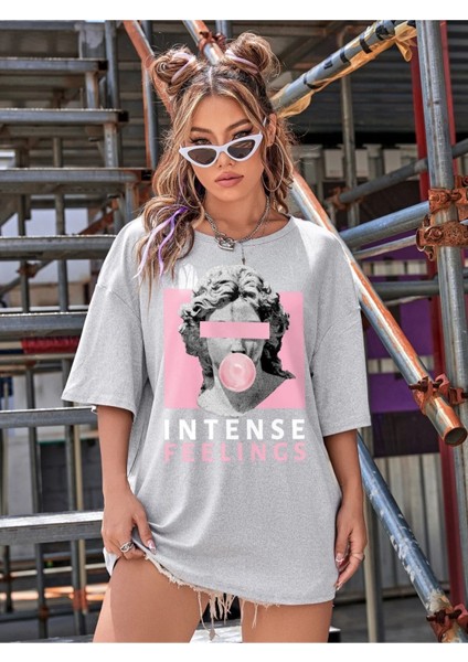 Intense Feelings Baskılı Unisex Oversize T-Shirt - Kadın Oversize Tişört indirimleri