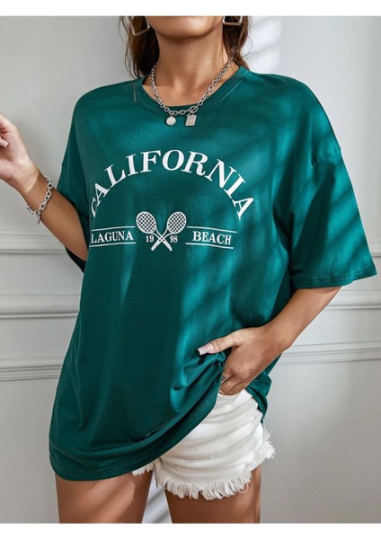 Laguna Beach California Tennis Baskılı Oversize Nefti T-Shirt fırsatları