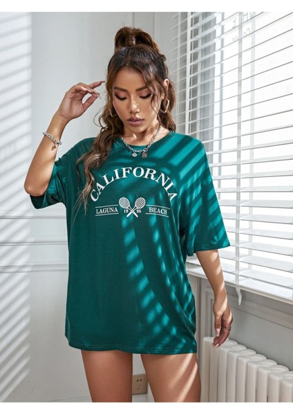 Laguna Beach California Tennis Baskılı Oversize Nefti T-Shirt