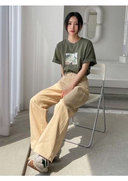 Baskılı Haki Oversize T-Shirt indirimleri