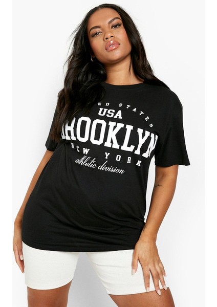 Büyük Beden Usa Brooklyn New York Baskılı Oversize T-Shirt