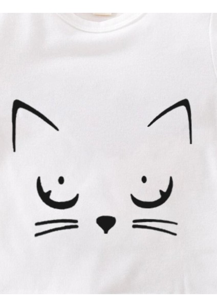 Kids Beyaz Kedi Meow Baskılı Oversize Unisex Çocuk T-Shirt indirimleri