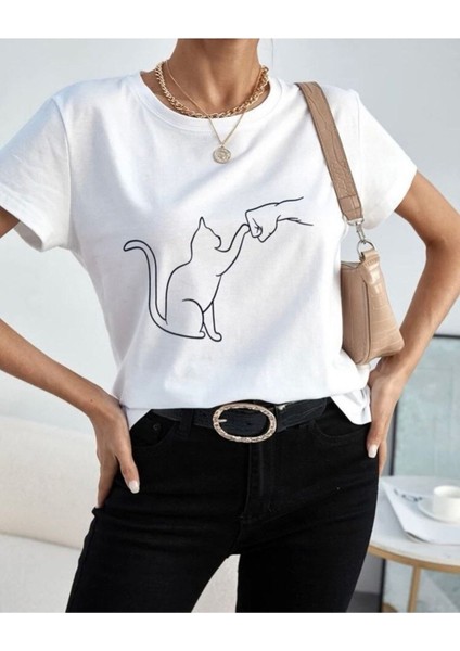 Kedi Pati Baskılı Oversize Unisex Pamuk Beyaz T-Shirt