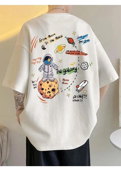 Unisex Beyaz The Galaxy Gezegen Baskılı Oversize Bisiklet Yaka Tshirt