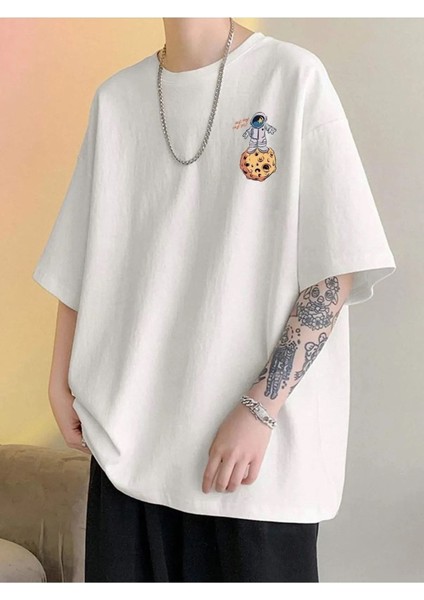 Unisex Beyaz The Galaxy Gezegen Baskılı Oversize Bisiklet Yaka Tshirt fiyatları