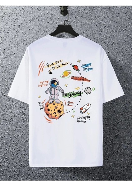 Unisex Beyaz The Galaxy Gezegen Baskılı Oversize Bisiklet Yaka Tshirt modelleri