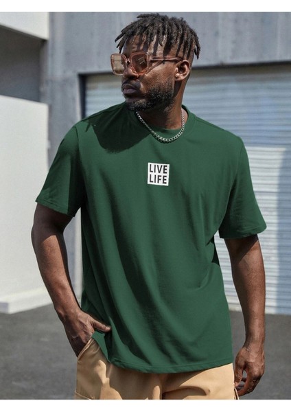 Büyük Beden Nefti Life Live Yazılı Ön Baskılı Oversize Pamuklu Unisex T-Shirt