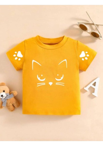 Kids Sarı Kedi Meow Baskılı Oversize Unisex Çocuk T-Shirt