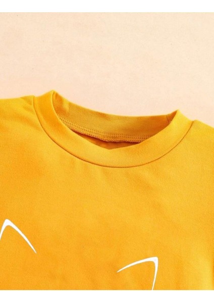 Kids Sarı Kedi Meow Baskılı Oversize Unisex Çocuk T-Shirt modelleri
