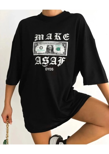 Dolar Baskılı Oversize Siyah T-Shirt