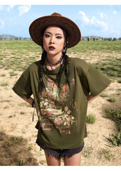 Haki Kelebek Baskılı Oversize T-Shirt