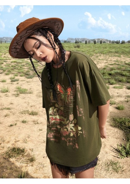 Haki Kelebek Baskılı Oversize T-Shirt modelleri