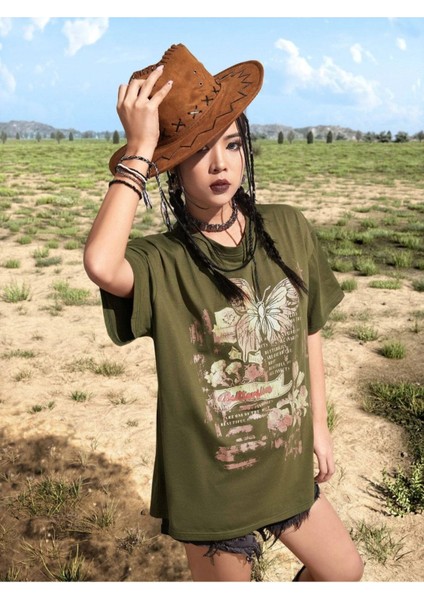 Haki Kelebek Baskılı Oversize T-Shirt indirimleri