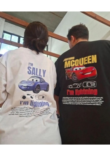 Unisex Siyah Beyaz I'm Sally ve Şimşek Mcqueen Cars Baskılı 2'li Kısa Kol %100 Pamuk T-Shirt