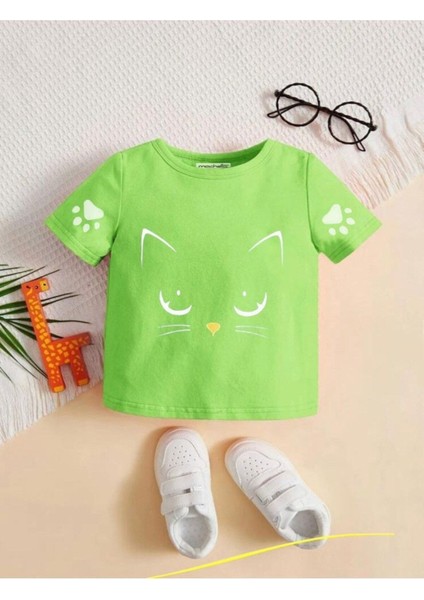Kids Fıstık Yeşili Kedi Meow Baskılı Oversize Unisex Çocuk T-Shirt