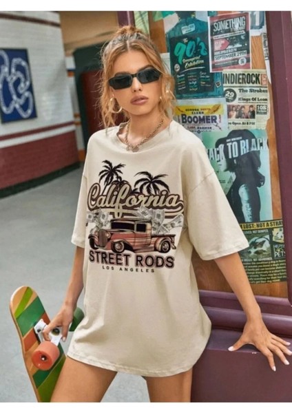 Büyük Beden California Street Rods Baskılı Overisze Unisex T-Shirt