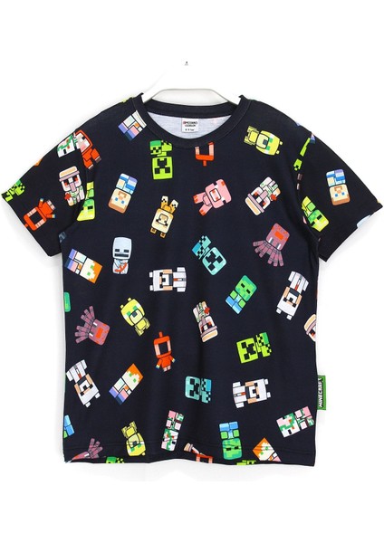 Çocuk Siyah Minecraft Karakter 360 Derece Baskılı T-Shirt