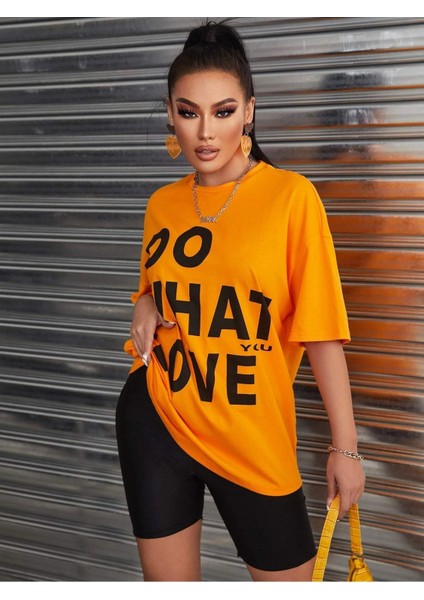 Büyük Beden Turuncu Oversize Do What You Love Baskılı T-Shirt fırsatları