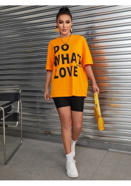 Büyük Beden Turuncu Oversize Do What You Love Baskılı T-Shirt