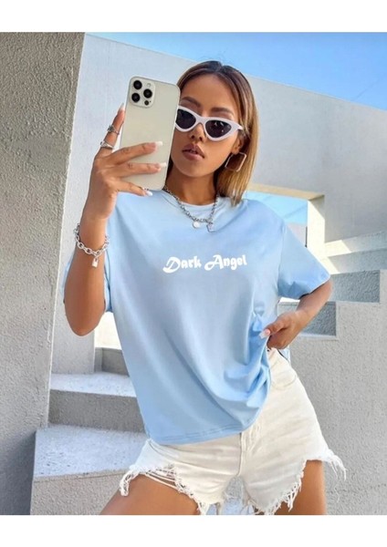 Dark Angel Baskılı Bebe Mavi Overisize Penye T-Shirt modelleri