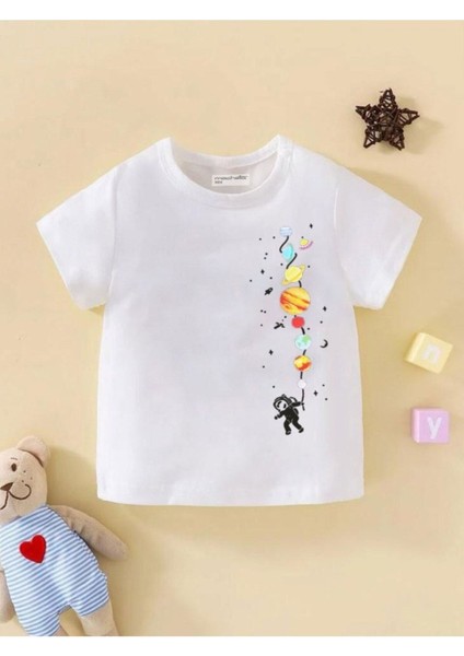 Kids Astronot Balon Gezegenler Baskılı Oversize Çocuk T-Shirt