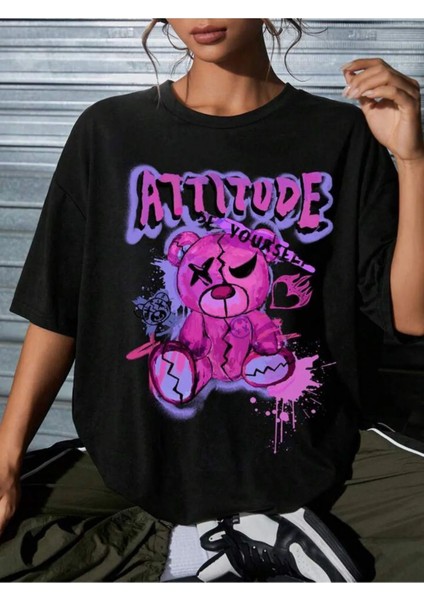 Unisex Büyük Beden Tasarım Ayıcık Basklı Oversize T-Shirt