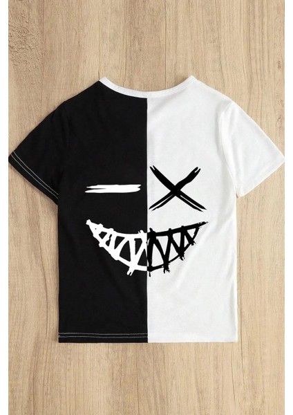 Gülücük Baskılı Siyah Beyaz Parçalı Oversize Bisiklet Yaka Çocuk T-Shirt fiyatları