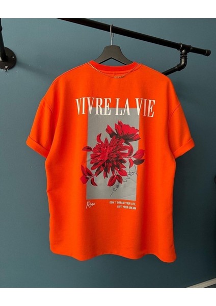 Büyük Beden Vivre La Vie( Hayatı Yaşa ) Tasarım Baskılı Oversize Pamuklu Penye T-Shirt