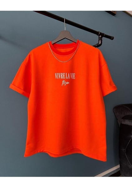 Büyük Beden Vivre La Vie( Hayatı Yaşa ) Tasarım Baskılı Oversize Pamuklu Penye T-Shirt fiyatları
