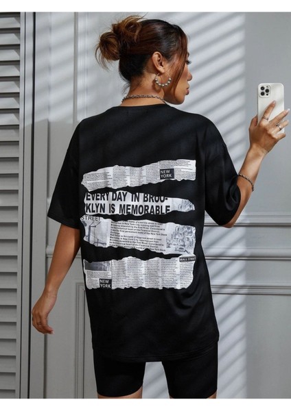 Brooklyn Slogan Baskılı Gazete Desenli Oversize T-Shirt indirimleri