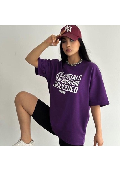 Büyük Beden Essentials New Adventure Succeeded Baskılı Oversize Unisex T-Shirt