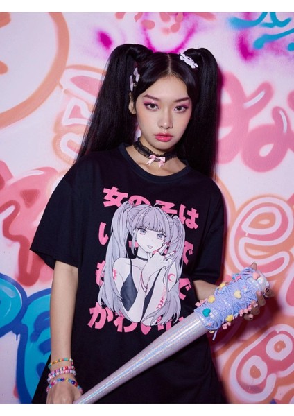 Büyük Beden Anime Karakter Baskılı Siyah Unisex Oversize T-Shirt