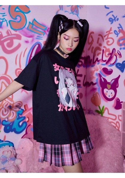 Büyük Beden Anime Karakter Baskılı Siyah Unisex Oversize T-Shirt fiyatları