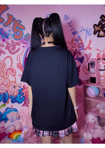 Büyük Beden Anime Karakter Baskılı Siyah Unisex Oversize T-Shirt modelleri