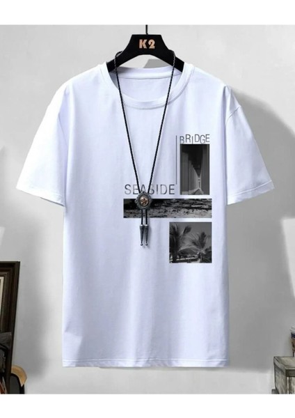 Bridge Seaside Baskılı Oversize Pamuklu Beyaz T-Shirt modelleri